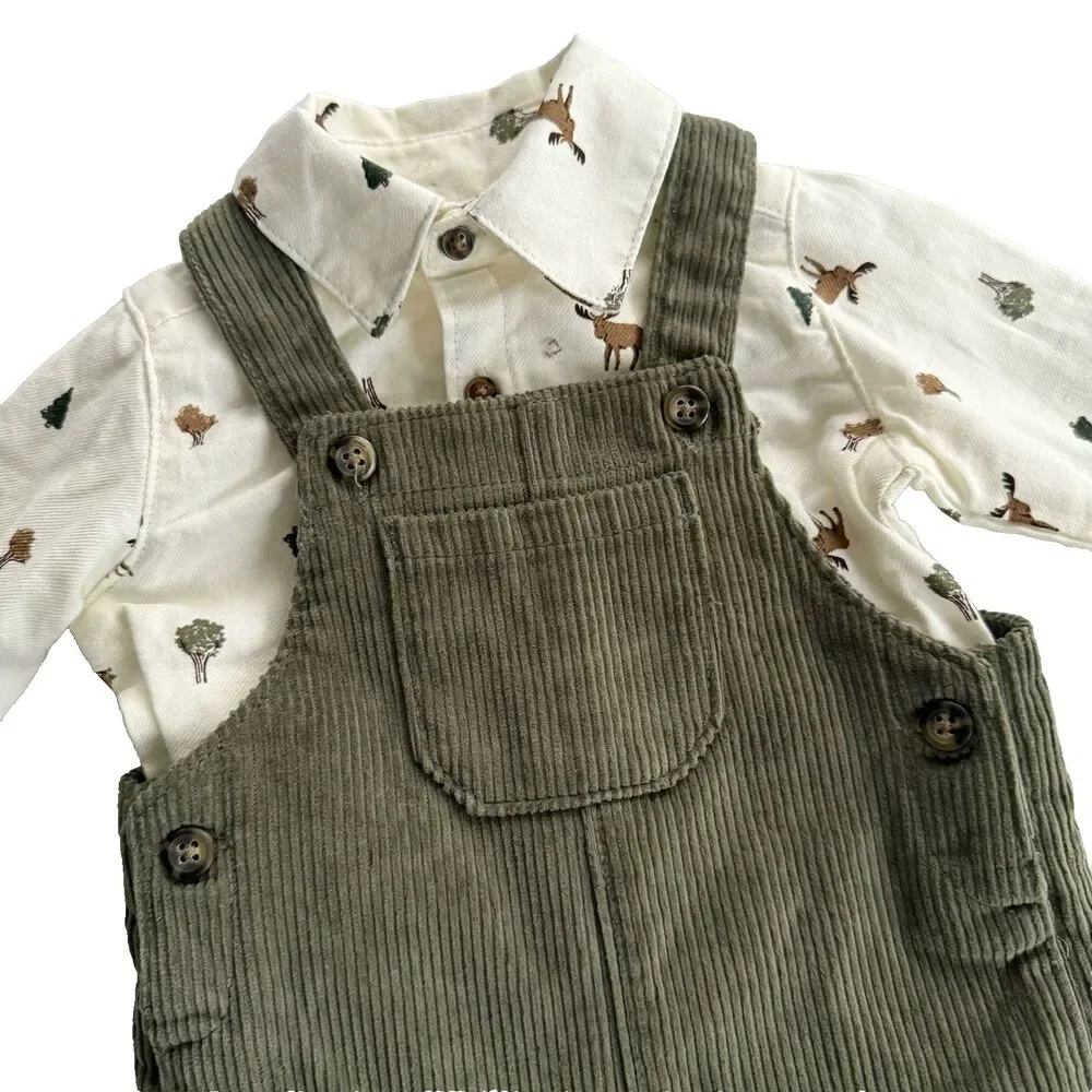 Carter's Baby Boy Corduroy Overall 2 pc Set Moose Green Xmas Woodland 6-9M NWT